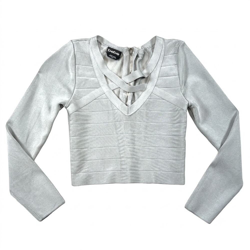 Bebe Gray Rayon Fitted Mesh Back Sheer Long Sleeve Crop Top | Size M